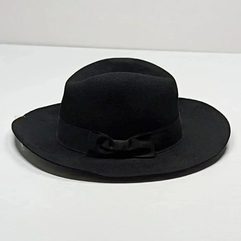 Aqua Women's Black Wool Wide Brim Bowler Hat Ribbon Band O/S (MSRP $98)